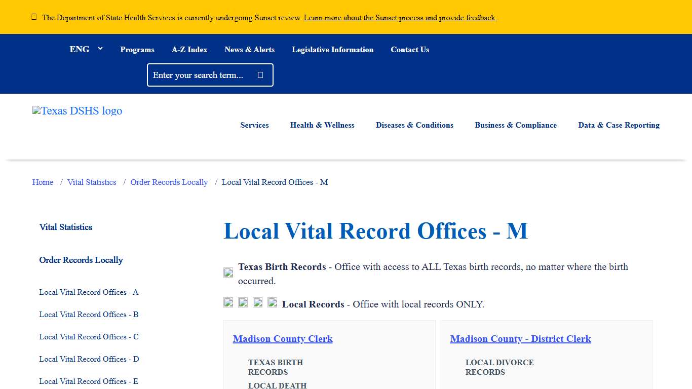 Local Vital Record Offices - M | Texas DSHS